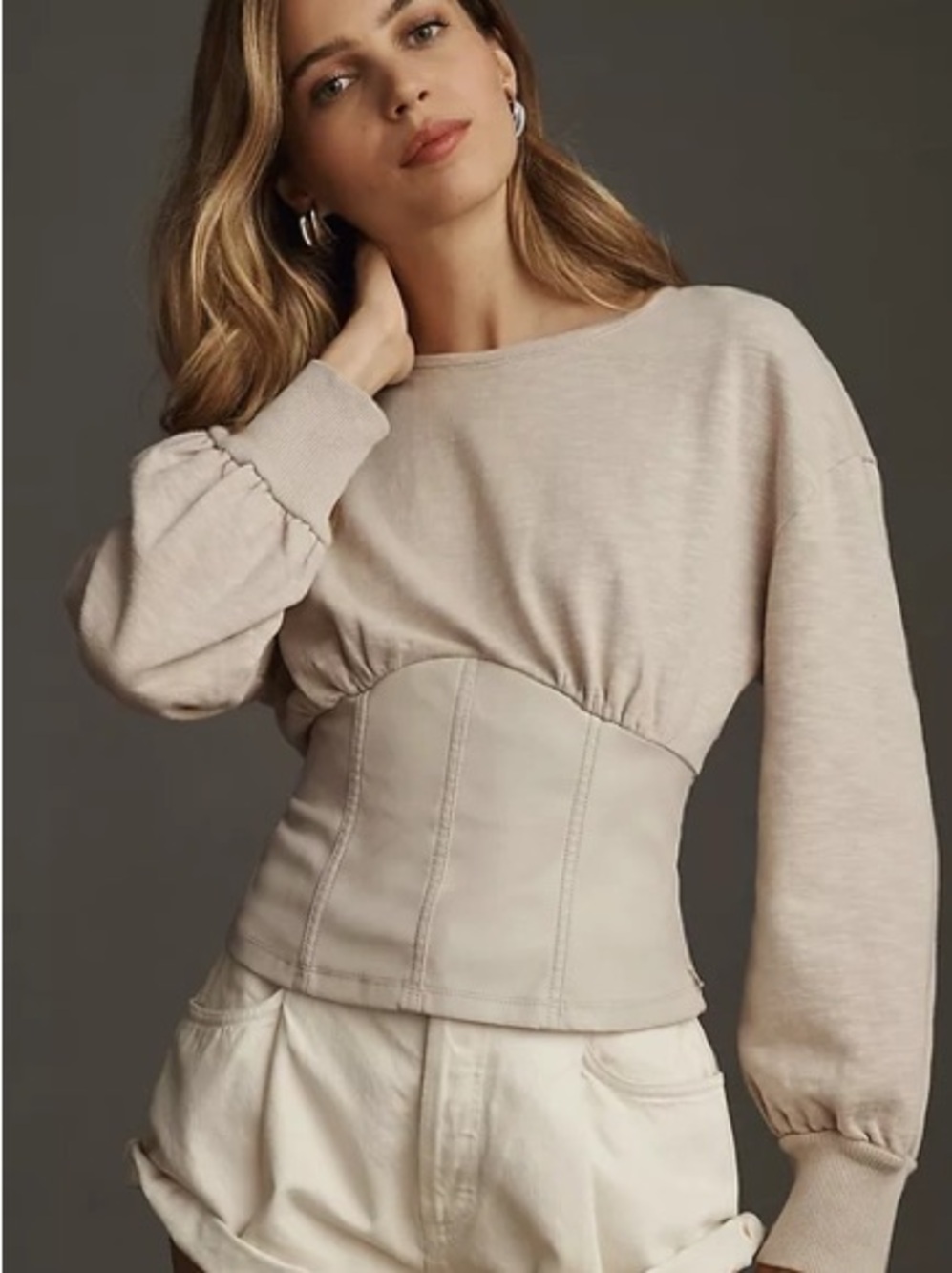 Pilcro Beige Corset-Paneled Sweatshirt
